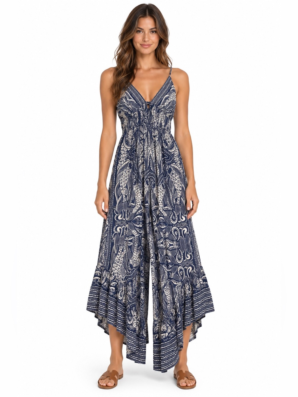 Angie Navy Blue Paisley Wide Leg Boho Jumpsuit small NWT